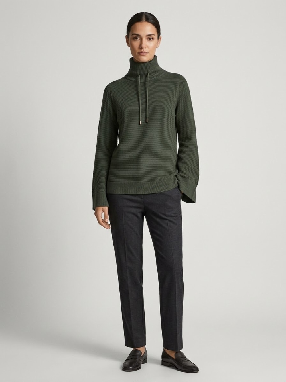 Zuda EcoVero Viscose Ribbed Drawstring Mock Neck Sweater Olive Green sustainable
